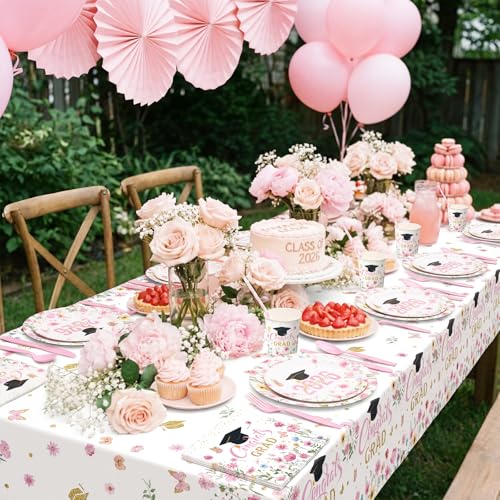 Ceenna 452 Pcs 2026 Pink Floral Graduation Party Decoration for 50, Wildflower Congrats Grad Paper Plates Napkins Cups Tablecloth Cutlery Straw Grad Tableware for Class of 2026 Party Supply - color: Pink
