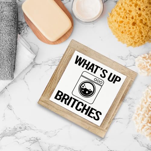 What’s Up Britches Sign, Farmhouse Laundry Room Decor, Home Laundry Bathroom Decor, Funny Cute Home Decoration, Farmhouse Wooden Box Sign, Rustic Tabletop Decors, Shelf Counter Decors - color: Color14