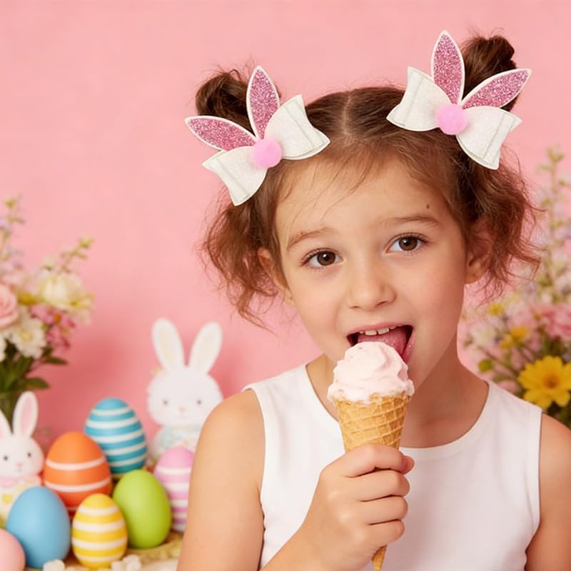 2PCS Easter Sparkly Glitter Bunny Hair Bow Clips,Pink White Rabbit Ear Barrettes with Alligator Clip,Cute Easter Hair Hairpin Accessories for Women,Spring Hair Bows for Party Daily Wear Photo Props