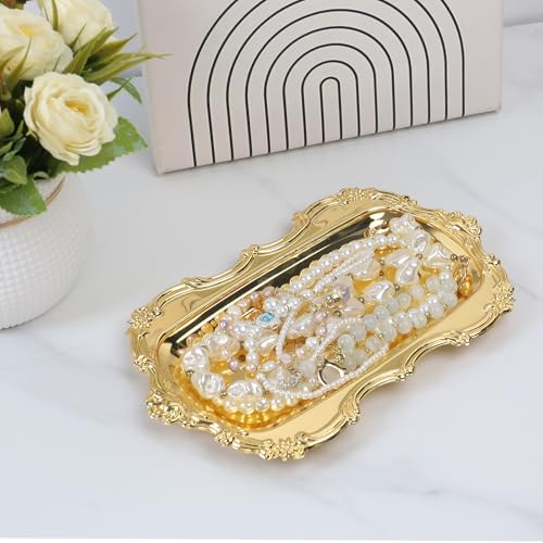 Quluxe Vintage Trinket Dish Jewelry Tray Small Perfume Organizer Tray for Wedding Photographer Detail Props Ceremony Antique Decor (Gold) - color: Gold, size: 7.9" x 4.7" x 0.6"