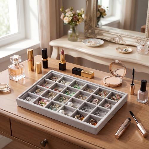 Frebeauty 24 Grid Earring Holder Organizer Tray, Jewelry Organizers and Storage for Drawer,Velvet Jewelry Display Storage for Earrings,Rings,Studs,10.5 x 6.5 x 1.2 Inches Gift for Women (Grey) - color: Grey, size: Set1