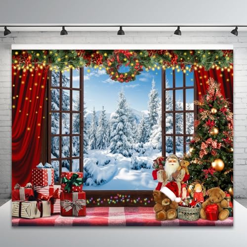 Christmas Backdrop for Photography Snowy Winter Forest Photo Background 10x8ft Xmas Wooden Window Photo Backdrop Santa Xmas New Year Backdrop Kids Family Holiday Party Decor Photo Props - color: NSW13250