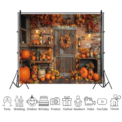 Fall Barn Door Backdrop 10x8ft Fabric Farm Pumpkin Autumn Maple Leaves Photography Background Harvest Theme Thanksgiving Day Party Decorations Portrait Video Take Background Studio Photo Booth Props - color: Fall Barn Door 04
