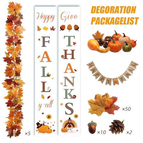 Fall Decor Set 5 Pack 5.9Ft Artificial Fall Maple Leaves Garland - 70pcs with Mini Pumpkins kit, Happy Fall Porch Banner Welcome Signs Autumn Decor for Thanksgiving Home & Fall Decorations