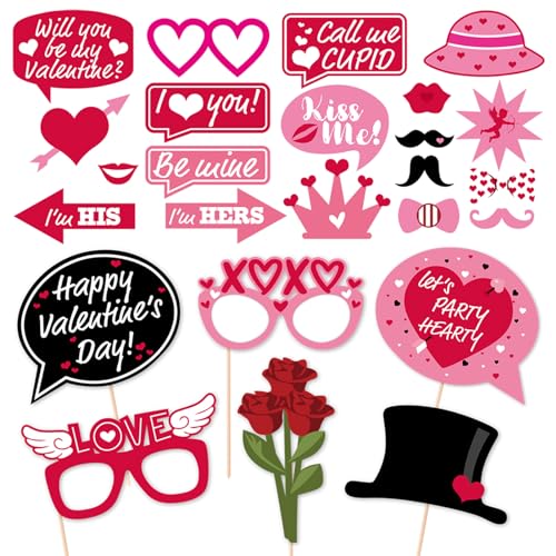 Valentine's Day Photo Booth Props Lovers Selfie Photobooth Props for Photography Funny Heart Rose Glasses Beard Lips Hat Wedding Props Decoration for Valentine's Theme Party Supplies 25 Pcs