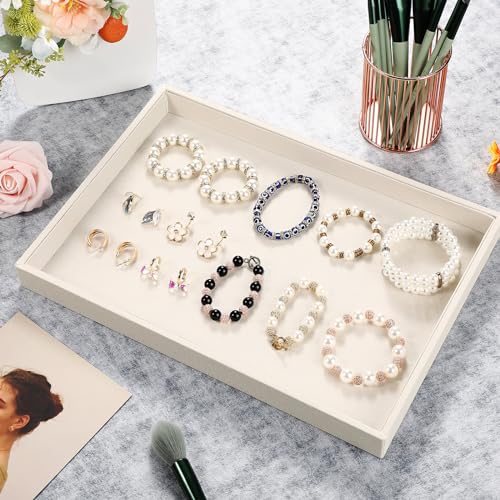 Quelay 6 Pcs Velvet Stackable Jewelry Tray Showcase Display, Jewelry Organizer Tray Bracelet Ring Earring Necklace Organizer Empty Plate for Drawers Countertop (Beige) - color: Beige