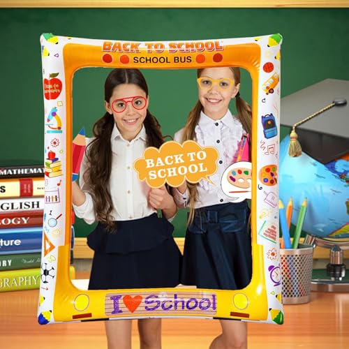 30PCS Back to School Photo Booth Props, Inflatable School Bus Theme Photo Booth Frame Selfie Props for First Day of School Decorations Welcome Back to School Party Supplies - color: Back to School