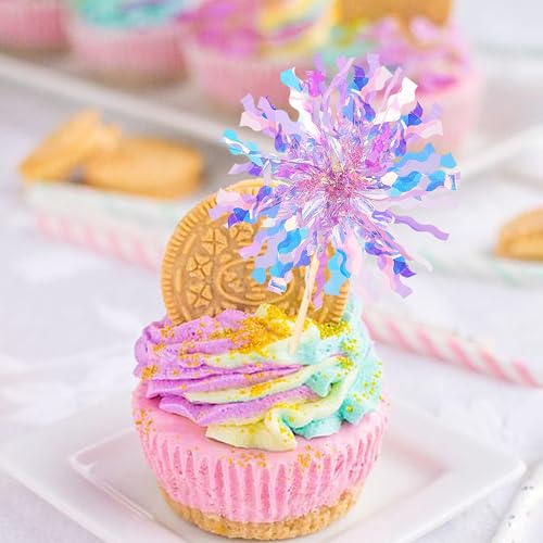 30 PCS Foil Firework Cupcake Toppers Sparkle Tinsel Cupcake Picks Happy Birthday Cake Toppers Drink Stirrers Cocktail Food Fruit Toothpicks for Baby Shower Birthday Party Decorations Supplies Purple - color: Purple