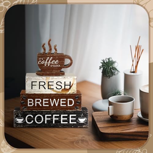 Geelin 4 Pcs Coffee Bar Decor Wood Blocks Mini Coffee Bar Wooden Signs Book Stacks Accessories Rustic Table Sign Farmhouse Tiered Tray Decor for Home Table - style: Coffee