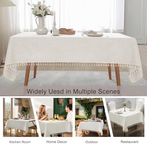 JIALE Textured Tablecloths, Heavy Duty Cotton Linen Farmhouse Table Cloth Rectangle Table, Waterproof Wrinkle-Free Rectangle Tablecloth for Kitchen, Dining, Parties, 55"x55", Ivory - color: Ivory Tassel, size: 55" x 55" (Square)