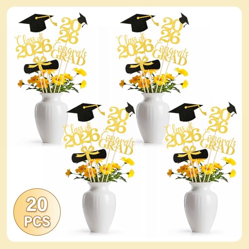 Babycop Graduation Decorations 2026 – 20PCS Graduation Centerpieces for Tables in 5 Black & Gold Designs, Class of 2026 Table Decorations for Grad Party, Photo Props/Flower Arrangement