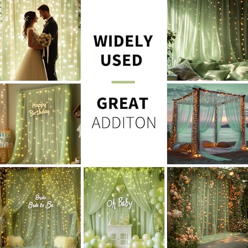 Sage Green Tulle Backdrop Curtain with Lights - 10x10ft Sheer Backdrop with 300 LEDs for Wedding, Baby Shower, Bridal Shower, Birthday Party Photo Shoot Background and Home Decorations - color: Sage Green, size: 10 x 10 Feet