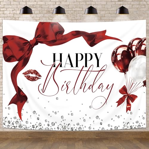 Newsely Burgundy Bow Backdrop 8Wx6H Photography Girls Coquette Happy Birthday Decorations Lips Diamond Balloons Background Women Bachelorette Party Decorations Banner Photo Booth Props Supplies - color: A-red bow, size: 8Wx6H