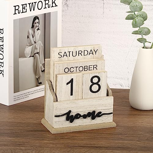 PATIKIL Vintage Wood Block Perpetual Calendar, Wooden Month Week Date Display Blocks for Desk Office Home Decoration Style 3, White - color: White