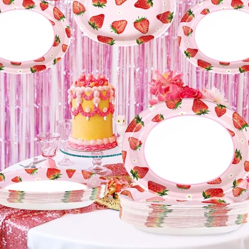 Grencian 50 Pcs Strawberry Oval Paper Plates Large 10" x 12" Strawberry Plates Disposable Berry Sweet Tableware for Girl Strawberry Birthday Party Decorations Spring Summer Fruit Baby Shower Supplies - style: Strawberry Oval Plates