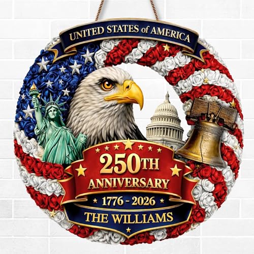 Personalized 250th Anniversary Patriotic Wood Wreath Door Sign 1776-2026, Custom Family Name Round Door Hanger, Independence Decor, Decoration Gifts, Gift For Mom, Dad, Brother, Family /14 - color: Design 14
