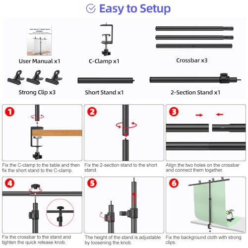 Small Backdrop Stand 3x3.3ft, Adjustable Photo Backdrop Stand Kit with 3 Clamps, Portable Background Stand Support for Parties Photoshoot, Table T-Shape Backdrop Banner Holder for Photography Paper