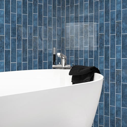 24-Pieces Peel and Stick Tiles for Kitchen Backsplash, New Upgrade Design 12" x 3"SPC Subway Backsplash Tiles, Marble Blue Premium Finger Tiles (Blue). - color: Blue, size: 10 Sheet