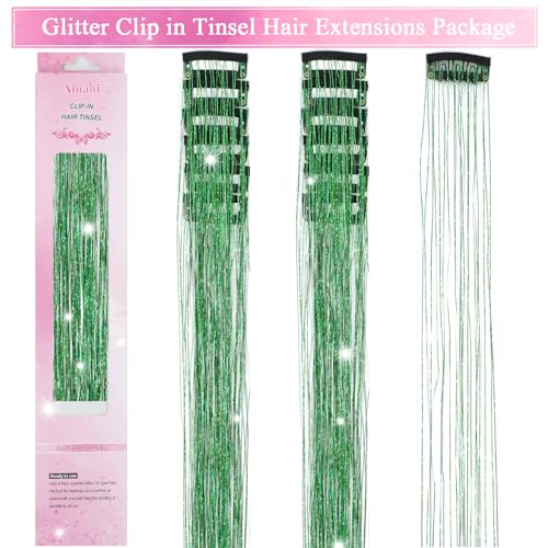 Hair Tinsel Clip in 12 Pcs Glitter Tinsel Hair Extensions 20 Inch Fairy Hair Clip in Hair Tinsel Heat Resistant Sparkly Hair Accessories for Girls Women Kids (Green) - color: Green