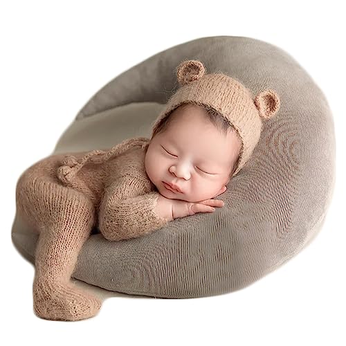 Zeroest Newborn Boy Photoshoot Outfits and Props Bear Bonnet with Footed Romper Infant Baby Photography Crochet Knitted Set - color: Khaki-01
