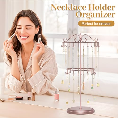 MODOWEY Rotating Necklace Holder Organizer Display Stand with 42 Hooks, 2 Tier Adjustable Metal Tree for Long Necklace Hanger, Tall Spinning Bracelet Storage Rack for Men Women, Rose gold - color: Rose gold, size: 2 Tier