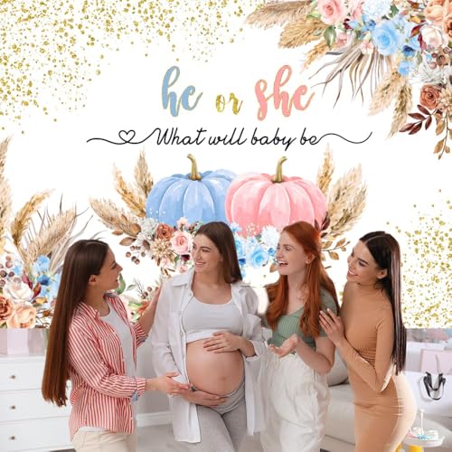 Pumpkin Gender Reveal Backdrop He or She Fall Baby Shower Party Decorations Autumn Florial Party Cake Table Banner Photography Background Pink or Blue Photo Booth Props 5x3ft - color: Baby Shower-2, size: 5x3ft