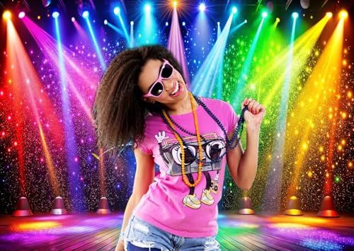 8x6ft Fabric Disco Rainbow Stage 70s 80s 90s Backdrop Vintage Lights Photography Background Rock Music Club Neon Glow Party Decorations Photo Banner 312 - size: 8x6ft
