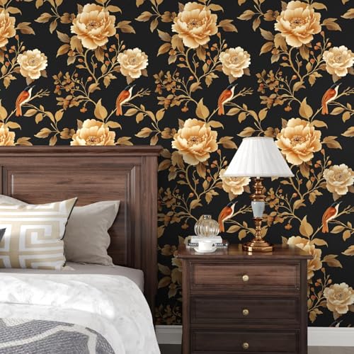 Laatse Vintage Floral Bird Wallpaper Peel and Stick Boho Wallpaper 17.5in x118in Black/Golden Floral Wall Mural Waterproof Self-Adhesive Modern Wall Paper for Bedroom Kitchen Cabinet Drawer Decor - color: Black and Gold Bird, size: 17.5" x 118"