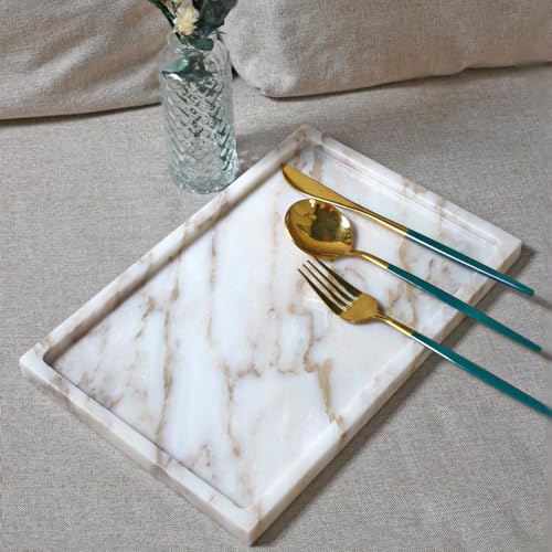 100% Natural Marble Serving Tray Luxury Marble Storage Tray for Home Decor Stone Tray for Bathroom/Kitchen/Vanity/Dresser,Plate Holder for Tissues, Candles, Towel - color: Marble Tray-calacatta Glod