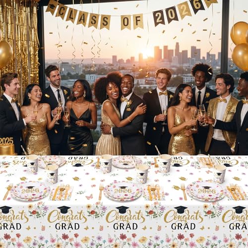 Ceenna 452 Pcs Class of 2026 Gold Floral Graduation Decoration Party Supply for 50, Wildflower Congrats Grad Paper Plates Napkins Cups Tablecloth Cutlery Straw for Freshly Graduated Party Decorations - color: Gold