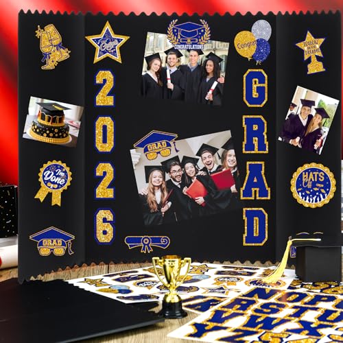 AmazingSpark 4 Sets 24 x 16 Trifold Poster Board for Graduation Photo Display Board with 12 Grad Themed Stickers for 2026 Presentation Party Decor Event Collage Frame Supplies(Blue Gold) - color: Blue Gold, size: 24 x 16"