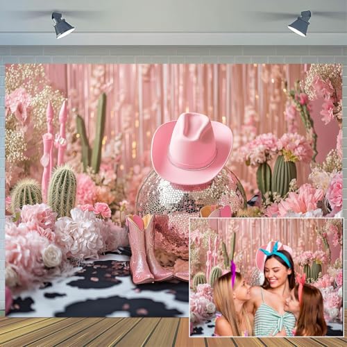 7X5ft Disco Western Cowgirl Party Backdrop Pink Black Cow Print Cowgirl Birthday Background Party Decorations Wild West Country Hot Pink Boot Birthday Photography Background Photo Booth Props - color: Pink, size: 7X5FT