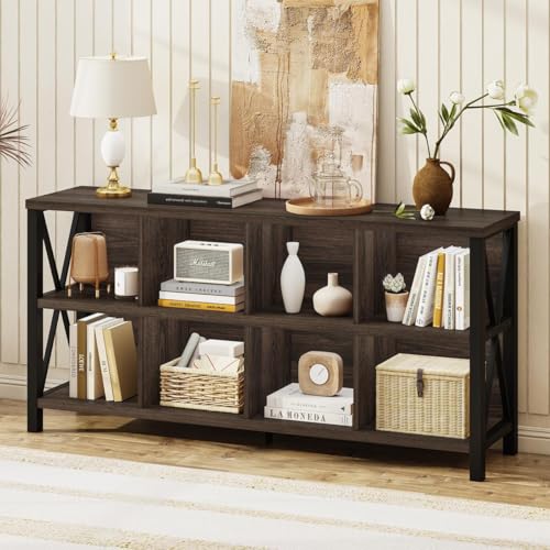 FATORRI 8 Cube Storage Organizer Bookshelf, 62 Inch Rustic Wood Horizontal Bookcase, Farmhouse Cube Long Book Shelf, TV Console Stand for Living Room (Dark Walnut) - color: Dark Walnut