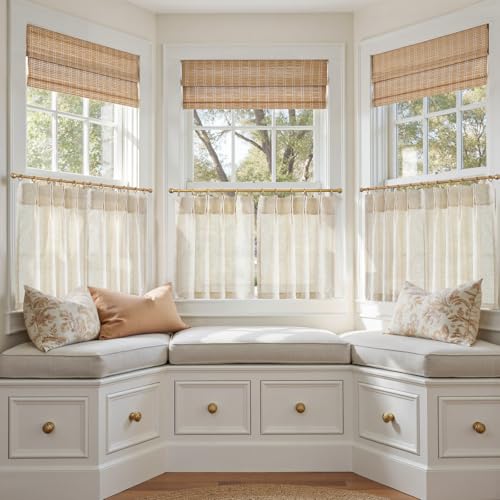 jinchan Linen Pinch Pleated Kitchen Curtains 20 Inch Natural Linen Tier Curtains Back Tab Farmhouse Cafe Style Light Filtering for Bathroom Laundry Room Small Window 2 Panels Beige - color: Pinch Pleated Beige, size: 26"W x 20"L (Pack of 2)