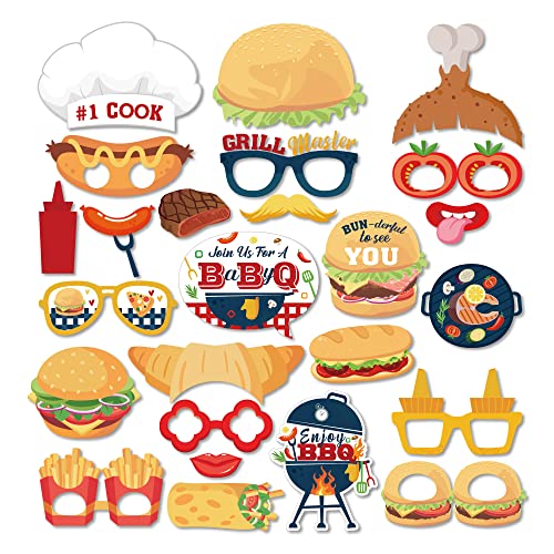 25 Pcs BBQ Photo Booth Props with Stick,Burger BBQ Party Decorations Cookout Themed Picnic Decorations Reunions Fun Selfie Props