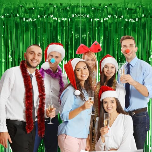 2 Pack Green Tinsel Curtain Party Backdrop, 3.2Ft x 8.2Ft Metallic Tinsel Foil Fringe Curtains Photo Booth Props Background for Christmas St Patrick’s Day Safari Tropical Bachelorette Decorations - color: Metallic Gren