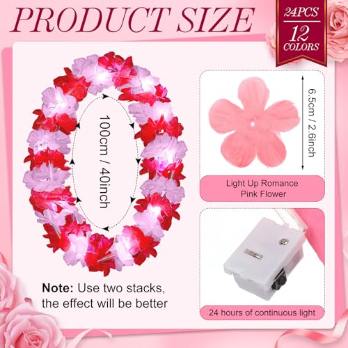 Sherr 24 Pcs LED Leis Light up Wedding Hawaiian Leis Flower Necklace with LED Lights Beach Tropical Carnival Party Wedding Supplies Luau for Masquerade(Pink Series) - color: Multi Pink