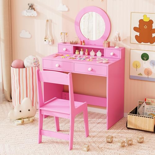 Costzon Kids Vanity, Princess Makeup Dressing Desk with Mirror and Stool, 4 Storage Drawers, Vanity Table and Chair Set for Little Girls (Pink) - style: Pink with Round Mirror