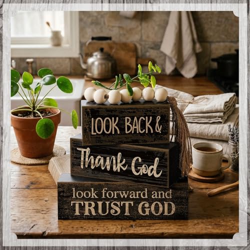 Moucuny 4 Pcs Farmhouse Table Decor Inspirational Wooden Signs Rustic Eucalyptus Leaves Wooden Block Sign Gift Thank and Trust God Farmhouse Table Centerpiece for Living Room Housewarming Gift - style: Black