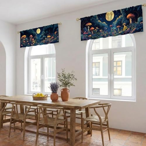 Mushroom Forest Curtain, Two-Pack, Enchanted Night Fantasy Moon,Applicable to Bathroom, Bedroom, 54x18 inches. - color: Mushroom Forest