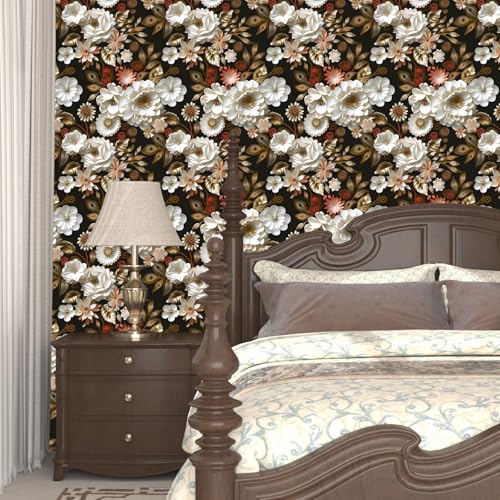 Vintage Wallpaper Peel and Stick Dark Floral Contact Paper 17.5in x 118in White Gold Flower Wallpaper Vinyl Waterproof Self Adhesive Boho Leaf Botanical Wall Paper for Bedroom Cabinet Table Decoration - color: White/Gold, size: 17.5" x 118"