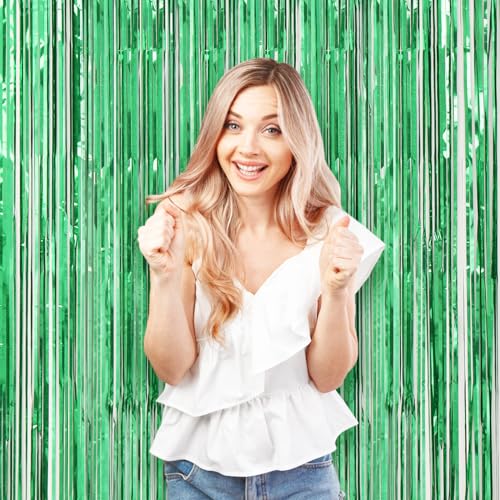 Voircoloria 3 Pack 3.3 x 8.2 ft Laser Green Foil Fringe Backdrop Curtains, Tinsel Streamers Birthday Party Decorations, Fringe Backdrop for Graduation, Baby Shower, Gender Reveal, Disco Party - color: 21 Laser Green
