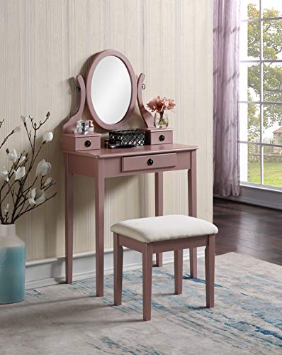 Roundhill Furniture Moniys Wood Moniya Makeup Vanity Table and Stool Set, Rose Gold - color: Rose Gold