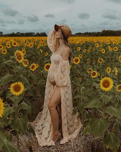 Saslax Soft Stretchy Lace Off Shoulder Doubly Split A-line Skirt Maternity Dress Pregnancy Maxi Gown for Photoshoot - color: Champagne, size: Large