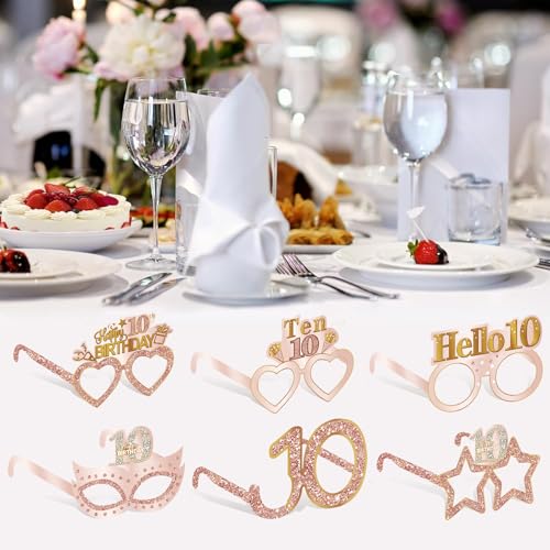 Guiruiy 24PCS 10th Birthday Paper Eyeglasses Decorations for Girls, Pink Rose Gold Happy 10th Birthday Eyeglasses Party Supplies, Funny Ten Year Old Birthday Glasses Photo Props Decor - style: Rose Gold 10th