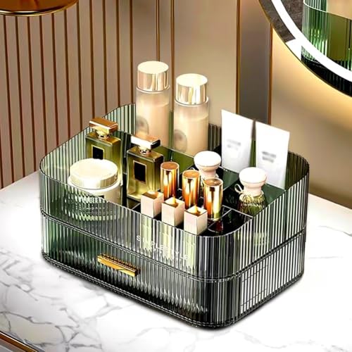 Makeup Organizer with Stackable Drawers, Bathroom Vanity Organizers and Storage, Ideal for Desk and Dresser Countertops, Great for Cosmetics, Skincare, Lipsticks, Nail Care - Green - color: Clear Green, size: Tray and Drawer