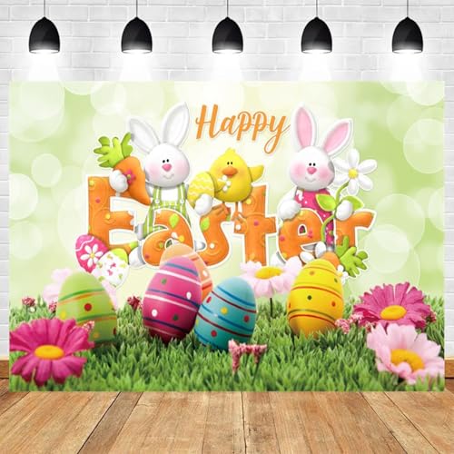 5x3ft Happy Easter Backdrop Bunny Rabbit Easter Eggs Flower Spring Garden Photography Background Green Grass Colorful Eggs Chick Daisy Party Decorations Banner Hello Spring Party Supplies - color: color 15, size: 5x3ft