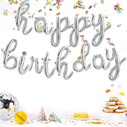 TONIFUL Silver Happy Birthday Balloons Banner,Cursive Happy Birthday Balloon Birthday Decorations Silver Mylar Foil Birthday Ballons for Kids and Adults - color: Low Silver