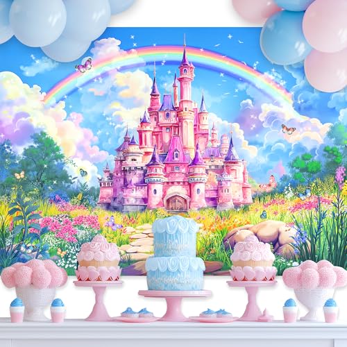 Newsely Princess Birthday Party Backdrop 7Wx5H Photography Castle Wilflower Pink Palace Rainbow Cloud Watercolor Grass Background Multicolor Girls Party Decorations Banner Photo Booth Props Supplies - color: D-Castle, size: 7Wx5H