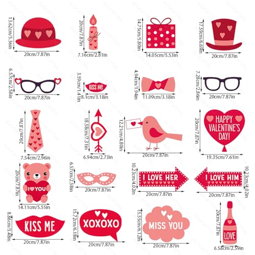 AUOCATTAIL Valentine's Day Photo Booth Props 20 Pcs DIY Red Valentine Theme Funny Photo Props for Valentine's Day Wedding Birthday Party Decorations Supplies